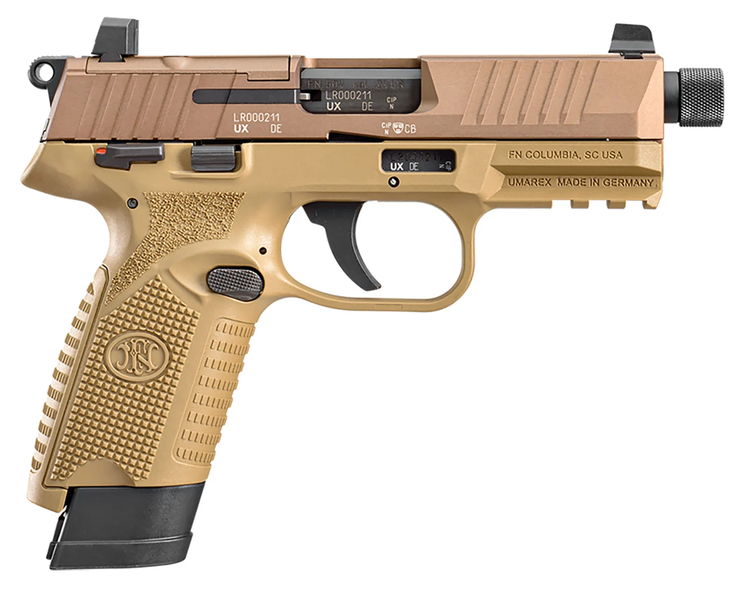FN 66101009 502 Tactical 22 LR 10+1 4.60" Black Steel Threaded Barrel, Flat Dark Earth Optic Ready/Serrated Slide & Polymer Frame w/Picatinny Rail, FDE Textured Polymer Grip, Ambidextrous