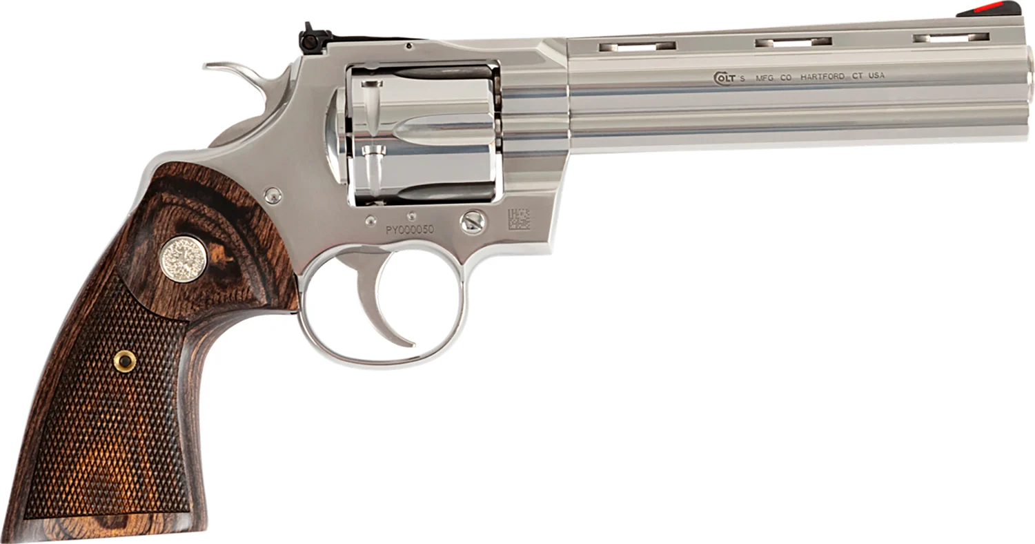 Colt Mfg PYTHONSP6WFTG Python Target 357 Mag 38 Special 6 Shot 6" Stainless Recessed Target Vent Rib Barrel, Cylinder & Frame, Walnut w/Medallion Grip, Exposed Hammer