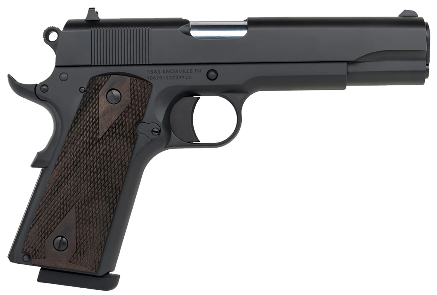 Tisas 10100516 1911 A1 Stakeout Full Size Frame 45 ACP 8+1 5" Stainless Button-Rifled Barrel, Nickel Serrated Stainless Steel Slide, Nickel Steel Frame w/Beavertail, Turkish Walnut Grip