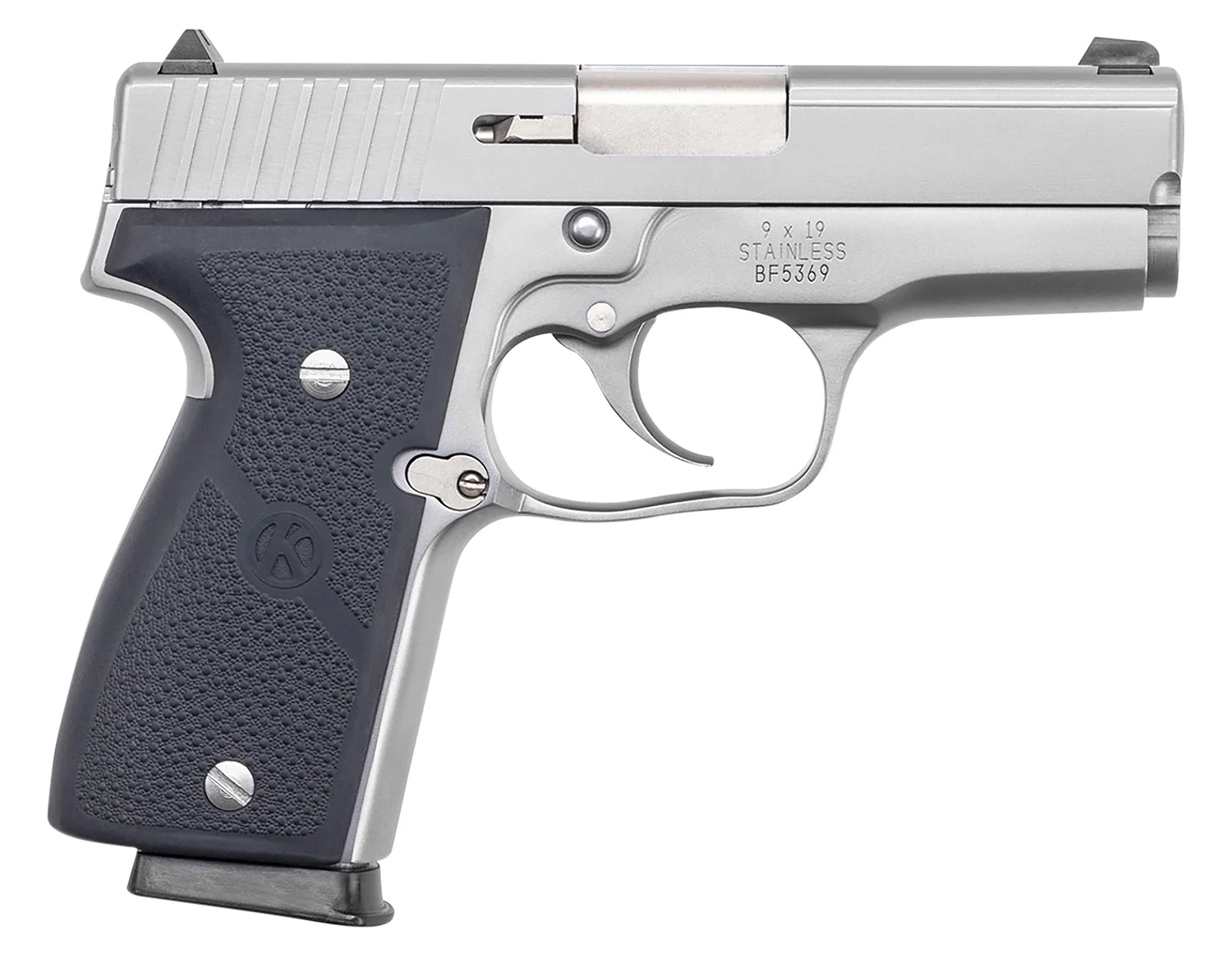 Kahr Arms K9093A K9 9mm Luger 7+1/8+1 3.47" Stainless Polygonal Rifled Barrel, Matte Serrated Stainless Steel Slide, Matte Stainless Steel Frame, Black Textured Wraparound Polymer Grip, Right Hand