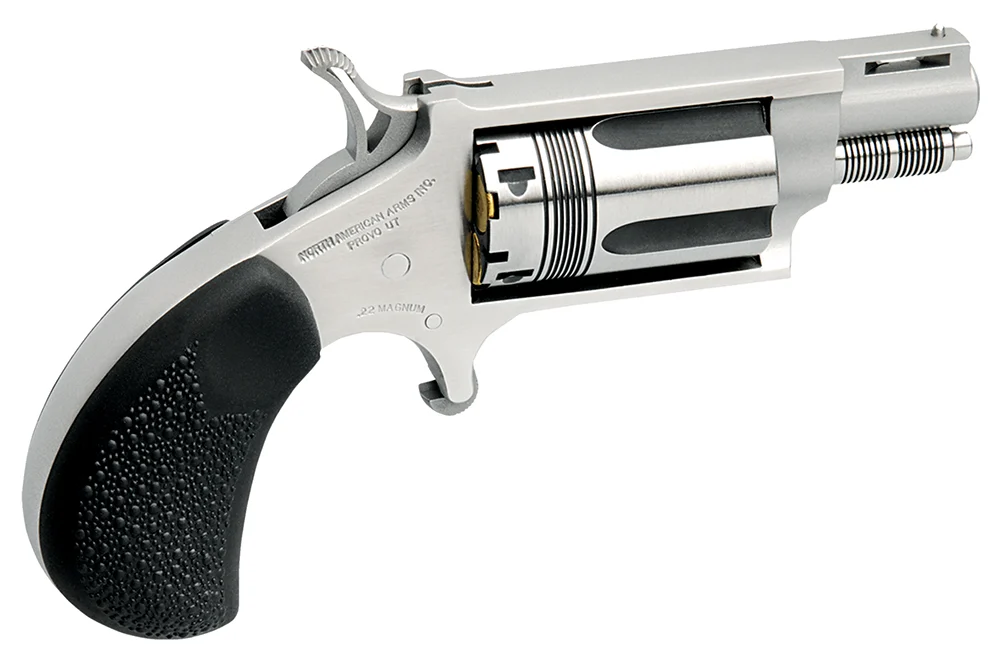 North American Arms 22MSTW Wasp Snub Nose 22 WMR 5 Shot 1.13" Stainless Steel Vent Rib Barrel, Stainless Steel Frame & Cylinder, Black Pebbled Rubber Grip, Exposed Hammer